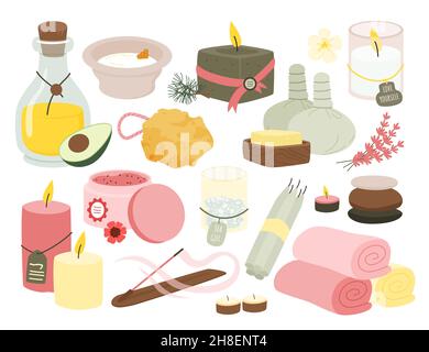 Collection de dessins animés avec des pierres d'huile et de détente pour le massage, bougie pour la thérapie et le traitement zen, fleurs naturelles frangipani et serviettes de bain isolées dessus Illustration de Vecteur