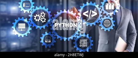 Langage de programmation Python de haut niveau. Concept de technologie des communications. Banque D'Images