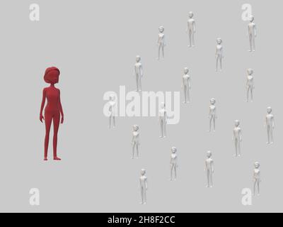 Illustration 3D.Fond gris pastel avec une femme rouge - silhouette de leader et beaucoup de gens gris - silhouettes ouvriers. Banque D'Images