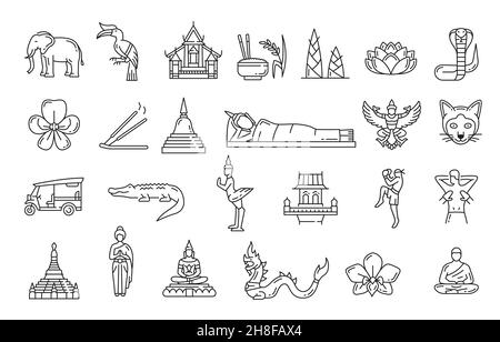 Monuments de voyage en Thaïlande et symboles nationaux thaïlandais.Symboles vectoriels des temples et palais de Bangkok.Thaïlande tourisme visite de Bouddha et tuk tuk, mua Illustration de Vecteur