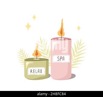 Bougies de paraffine.Des éléments décoratifs pour l'aromathérapie, la détente et le spa.Illustration vectorielle de style dessin animé plat Illustration de Vecteur