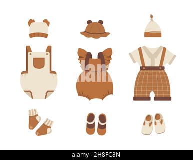 Collection de vêtements pour bébé.Tenue de boho.Jolie garde-robe pour petit garçon ou fille.Illustration vectorielle de style dessin animé plat.Accessoires pour nouveau-né Illustration de Vecteur