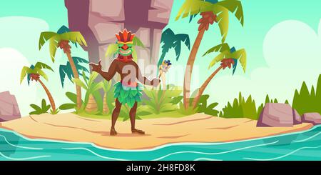 Tiki homme dans le masque tenant la torche à la main sur l'île tropicale, personnage aborigène indigène mâle avec totem en bois tribal, personnage hawaïen ou polynésien avec visage crayeux illustration vectorielle de dessin animé Illustration de Vecteur