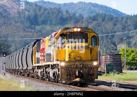 Train Kiwirail transportant du charbon de la côte ouest au port de Lyttleton pour exportation, Locomotive, DXC 5310, à Reefton, côte ouest,Île du Sud, Nouvelle-Zélande Banque D'Images