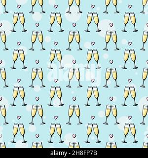 Verres de champagne à motif de caniche sans couture.Illustration du vecteur Cheers sur fond bleu.Carte de voeux pour la Saint-Valentin, affiche de célébration d'anniversaire Illustration de Vecteur