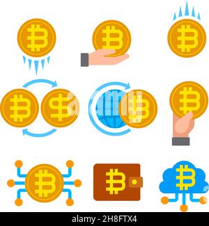 Illustration de l'ensemble d'icônes plates colorées de la blockchain et du Bitcoin de crypto-monnaie Illustration de Vecteur