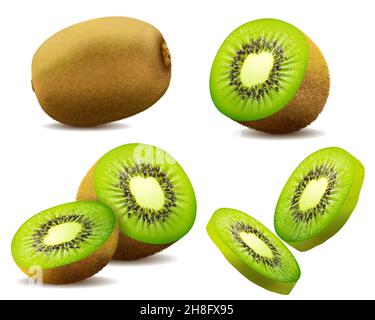 Kiwi réaliste.Fruit entier exotique juteux, moitié et tranche.Des aliments biologiques frais pour une alimentation saine.Mûre baie tropicale pour un dessert sucré. Vector 3D des Illustration de Vecteur
