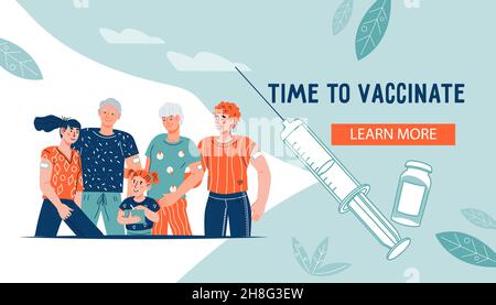 Modèle de bannière du site Web de vaccination contre le virus Covid-19, illustration vectorielle plate. Illustration de Vecteur