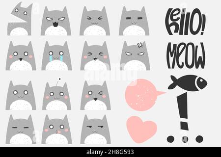 Ensemble dessiné à la main avec chat mignon avec divers émotions dans le style d'anime et babouble de discours avec différentes citations.Clip art de la collection mignon de chaton isolé dans Illustration de Vecteur