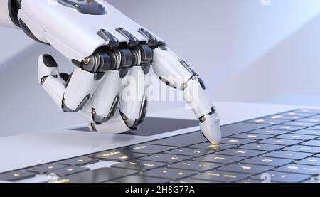 Main cyborg robot blanche appuyant sur un clavier sur un ordinateur portable.Illustration 3D Banque D'Images