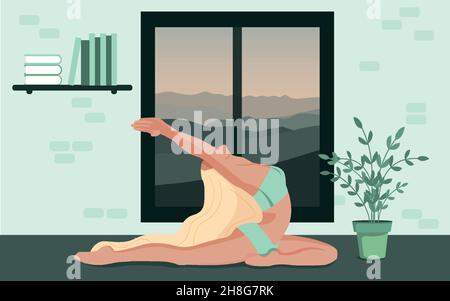 Jolie fille faisant des poses de yoga.Jeune femme style de vie à l'intérieur de la maison. Illustration de Vecteur