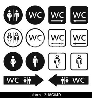 Icônes WC WC définies.Affiches de toilettes pour hommes et femmes.Illustration vectorielle du symbole de flèche de direction WC. Illustration de Vecteur