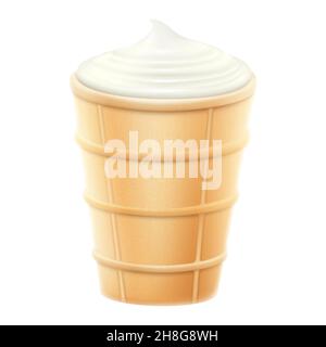 Glace à la vanille dans une tasse à gaufres isolée sur fond blanc.Crème glacée blanche crémeuse gros plan, plombir, sundae, illustration vectorielle 3D réaliste Illustration de Vecteur