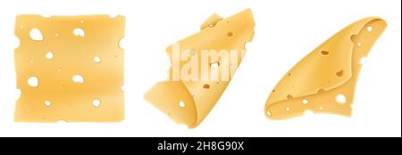 Tranches de fromage isolées sur fond blanc.Morceaux de fromage à pâte dure avec trous.Illustration vectorielle 3D réaliste. Illustration de Vecteur