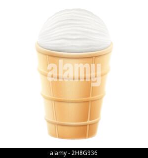 Glace à la vanille dans une tasse à gaufres isolée sur fond blanc.Crème glacée blanche crémeuse gros plan, plombir, sundae, illustration vectorielle 3D réaliste Illustration de Vecteur