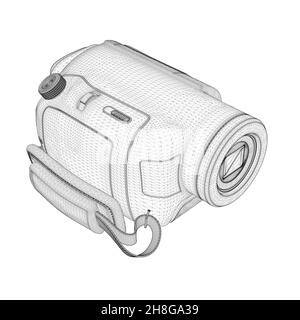 Cadre métallique de la caméra vidéo domestique manuelle à partir de lignes noires isolées sur fond blanc.Caméra vidéo numérique rétro.Vue isométrique.3D.Vecteur illustrat Illustration de Vecteur