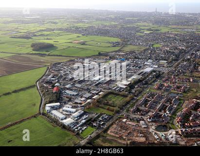 Vue aérienne de la grande propriété industrielle de Poulton-le-Fylde près de Blackpool, ce tir regardant vers le sud-ouest vers la mer Banque D'Images