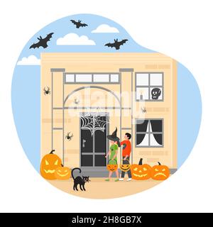Illustration vectorielle Happy Halloween.Garçon portant des vêtements de fête célébrant Halloween.Homme enfant debout dans le tribunal devant la porte décoration de la maison Illustration de Vecteur