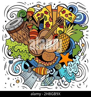 Illustration de l'effet de coolé du vecteur figui.Composition colorée et détaillée avec beaucoup d'objets et de symboles exotiques. Illustration de Vecteur