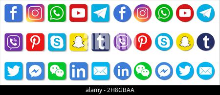 Vinnitsya, Ukraine- 10 janvier 2021 : ensemble des icônes les plus populaires des médias sociaux : Facebook, Instagram, WhatsApp, YouTube, Telegram Illustration de Vecteur