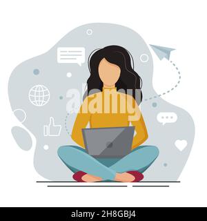 Femme étudiant avec un ordinateur portable, travaillant à domicile au bureau, se connectant au réseau en ligne pendant l'épidémie de coronavirus.Travail à distance, communication et Illustration de Vecteur