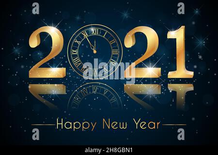 Bonne année 2021 - nouvel an, fond brillant avec des montres en or et paillettes.Creative.Arrière-plan noir.Smartphone, ordinateur portable, stars.Neige futuriste Illustration de Vecteur