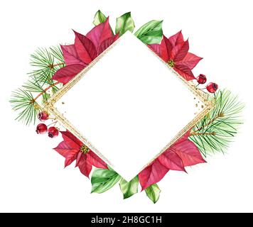 Cadre de Noël avec paillettes dorées.Modèle de rhomb avec fleur de poinsettia rouge, arbre de pin, place pour le texte et papier d'aluminium brillant.Aquarelle botanique Banque D'Images