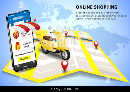 Livraison en ligne suivi isométrique bannière concept avec smartphone, colis, livraison de vélo, PIN sur fond de carte.Livraison des commandes logistiques conception 3d Illustration de Vecteur