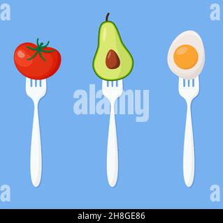 Tomate, avocat, œuf sur les fourchettes concept de régime.Illustration vectorielle.SPE 10 Illustration de Vecteur