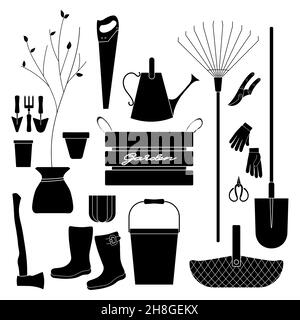 Outils de jardinage ensemble négatif contour simple minimaliste plat design icône illustration vectorielle isolée sur fond blanc Illustration de Vecteur