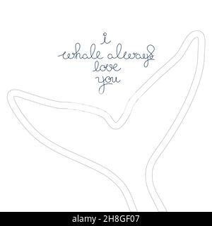 Queue de baleine à bosse avec des lettres dessinées à la main phrase minimaliste contour simple illustration du logo vectoriel.Tracé de contour isolé sur fond blanc Illustration de Vecteur