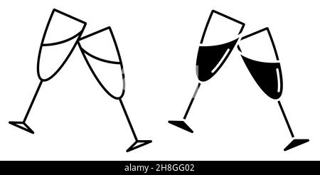 Icône linéaire.Verres avec champagne pétillant de fête.Santé avec des verres à la table du nouvel an.Vecteur noir et blanc simple isolé sur le backgrou blanc Illustration de Vecteur