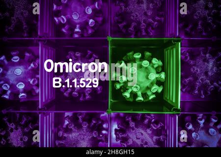 Virus Corona dans une boîte, mutation covid omicron B.1.1.529 Banque D'Images