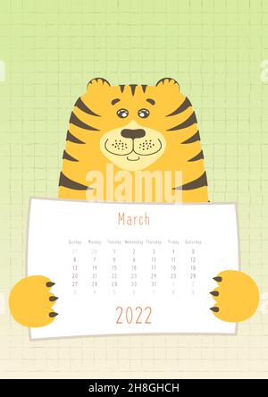 calendrier du 2022 mars, adorable animal tigre portant une feuille de calendrier mensuelle, style puéril dessiné à la main. Illustration de Vecteur