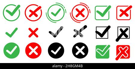 Cochez la case icônes définies.Ensemble de variantes de bouton Web, coche verte et croix rouge. Tampon approuvé et rejeté.De nombreuses options, validation de vecteur Illustration de Vecteur