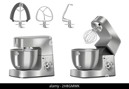 Robot de cuisine avec différentes buses isolées sur fond blanc.Illustrations vectorielles 3d réalistes Illustration de Vecteur