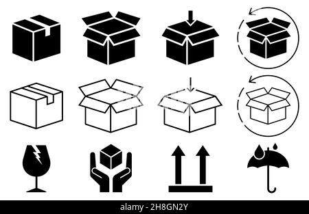 Icône de boîte en ligne, boîte de livraison, groupe, boîtes pour exportation, caisse de chargement,colis de retour, paquet ouvert, avec symbole fragile noir, illustration vectorielle Illustration de Vecteur