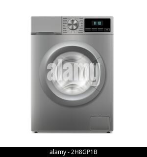 Lave-linge isolé sur fond blanc.Vue avant, gros plan.Appareil électronique domestique réaliste.Appareils électroménagers 3D pour le nettoyage du linge Illustration de Vecteur
