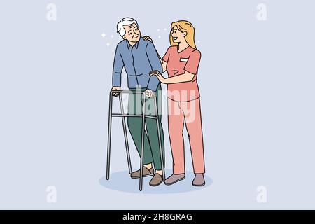 Une infirmière soignante aide l'homme âgé handicapé en utilisant le cadre de moring à l'hôpital.Un soignant attentif et positif aide le grand-père âgé à marcher dans une maison de retraite.Réhabilitation.Illustrations vectorielles. Illustration de Vecteur
