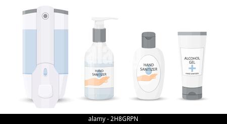 Kit de désinfectant pour les mains, flacons, gel de lavage, spray, savon liquide,Masque médical, équipement de protection individuelle EPI.Désinfection.Hygiène.Vecteur plat i Illustration de Vecteur