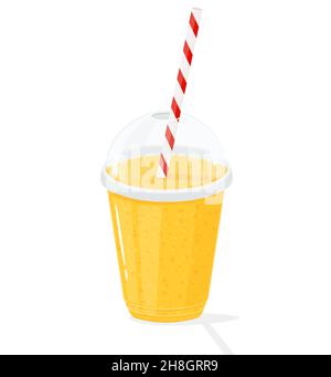 Tasses transparentes en plastique pour smoothie avec tuyau à rayures.Limonade fraîche, jus d'orange ou smoothie dans une tasse en plastique, dessin animé vectoriel plat Illustration de Vecteur