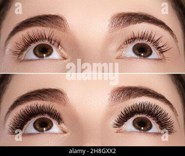 Forme parfaite des sourcils et des cils extrêmement longs. Photo macro du visage des yeux de mode. Avant et après Banque D'Images