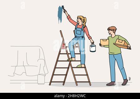 Un couple heureux fait des travaux de rénovation ou de décoration ensemble.Un homme souriant et une femme peignent les murs de la maison de réparation ou de l'appartement.Concept de design intérieur.Illustration vectorielle, personnage de dessin animé. Illustration de Vecteur