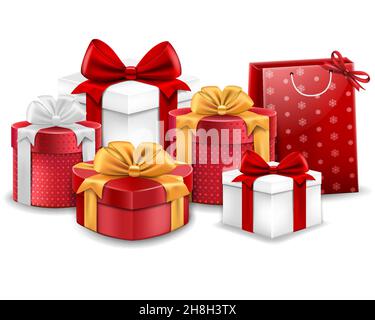 ensemble de boîtes-cadeaux différentes formes avec rubans en satin et nœuds-noeuds isolés sur fond blanc, illustration réaliste de vecteur Illustration de Vecteur