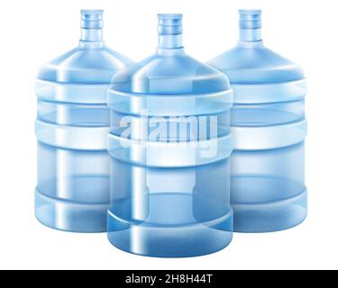 Trois grandes bouteilles avec de l'eau propre bleu boisson , isolé sur un fond blanc, réaliste 3D illustration vectorielle Illustration de Vecteur
