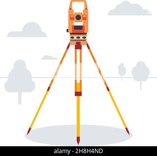 Instrument géodésique dans un champ avec des arbres.Équipement cadastral.Théodolite.Illustration vectorielle. Illustration de Vecteur