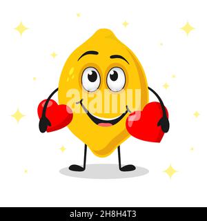 Un joli citron souriant tenant un coeur dans ses mains.Illustration vectorielle de caractères dessinés à la main.Carte de Saint-Valentin Illustration de Vecteur