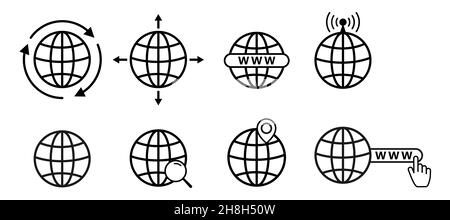 Un ensemble d'icônes www avec un globe, des icônes de site web vectoriel.L'icône Internet.L'icône dans la barre de recherche www.Icônes www avec un curseur manuel.Allez au WE Illustration de Vecteur