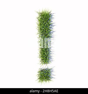 Concept ou conceptuel vert été pelouse herbe symbole isolé fond blanc, point d'exclamation police.métaphore de l'illustration 3d pour la nature, conservat Banque D'Images