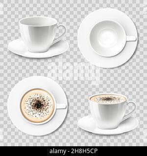 tasse de cappuccino ou de café latte 3d réaliste, vue de dessus, vue latérale.Ensemble de tasses à café ou de tasses avec soucoupe, isolé sur un fond transparent Illustration de Vecteur